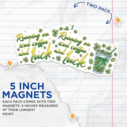(2 Pack) Running on Iced Coffee Luck Magnets Magnets - St. Patrick's Day Decor - Clover and Coffee Theme - 5" On Longest Side - Made in USA - Sticks to Refrigerators & Metal Surfaces - MAG8409