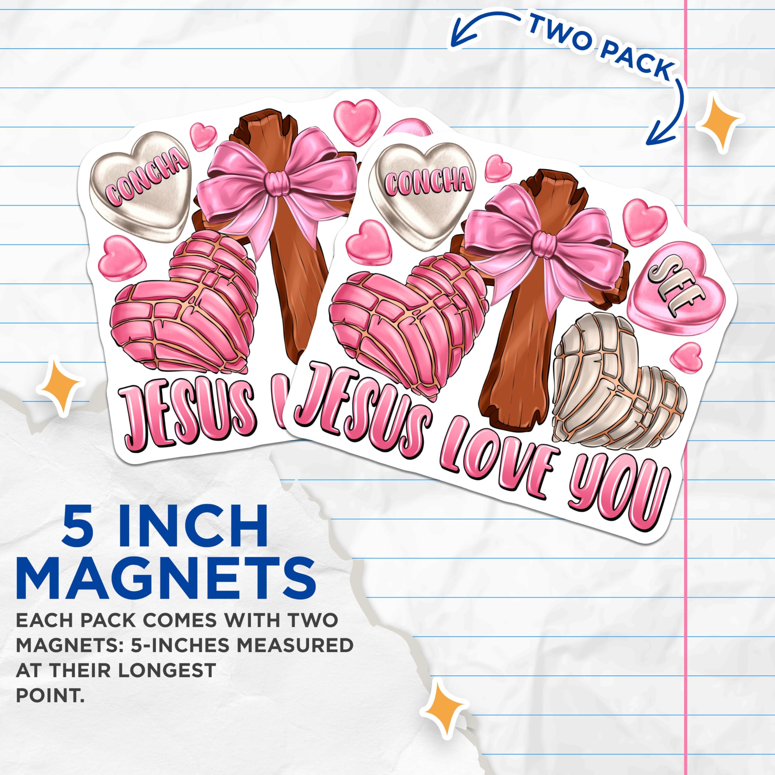 (2 Pack) Jesus Love You Magnets - Christian Faith Decor - Concha Pan Dulce Art - Religious Kitchen Magnets - 5 Inches On Longest Side - Thick Durable Magnet - Made in USA - MAG25746