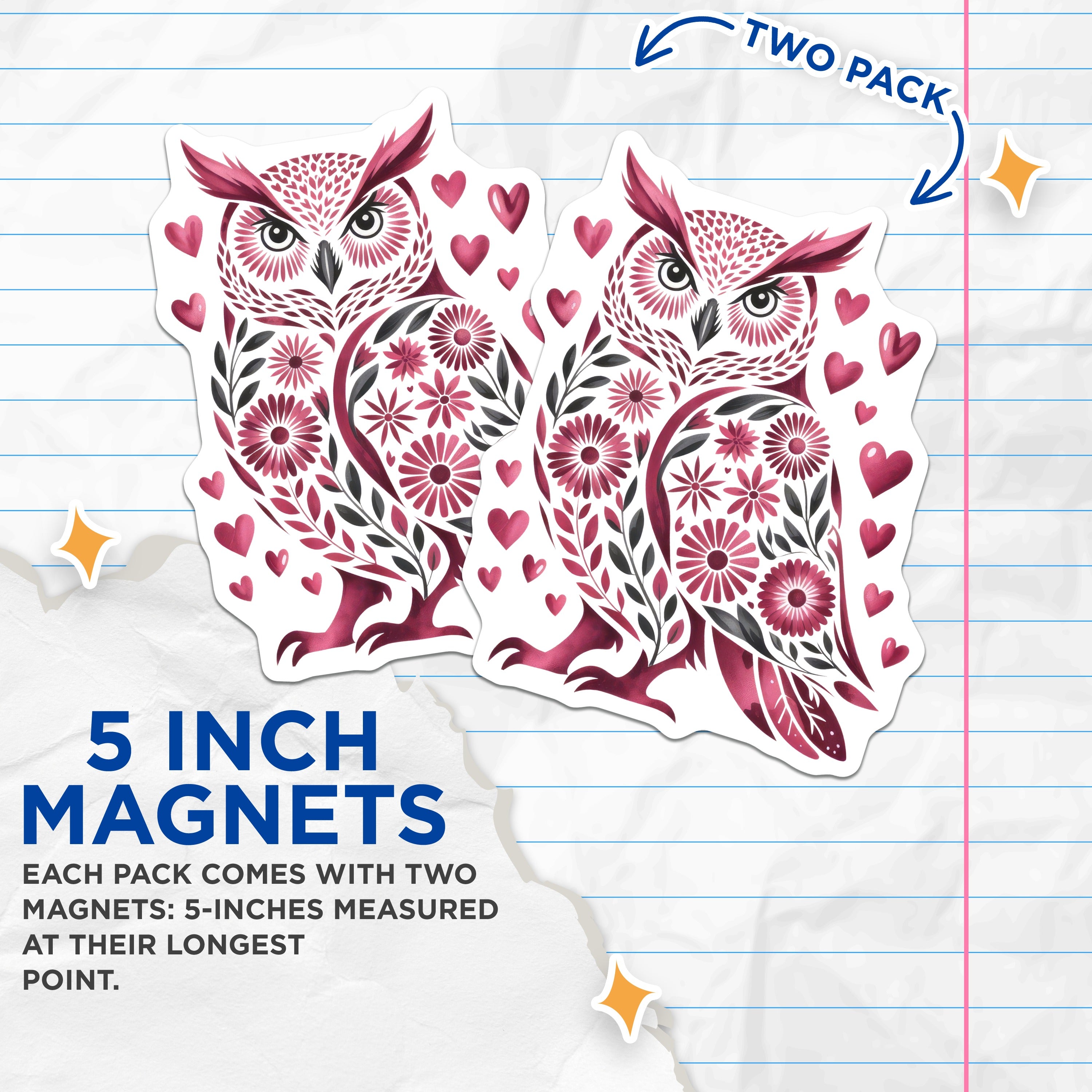 (2 Pack) Folk Art Owl Magnets - Whimsical Botanical Decor - Pink Heart Love Fridge Display - 5 Inches On Longest Side - Thick Durable Magnet - Made in USA - MAG39923