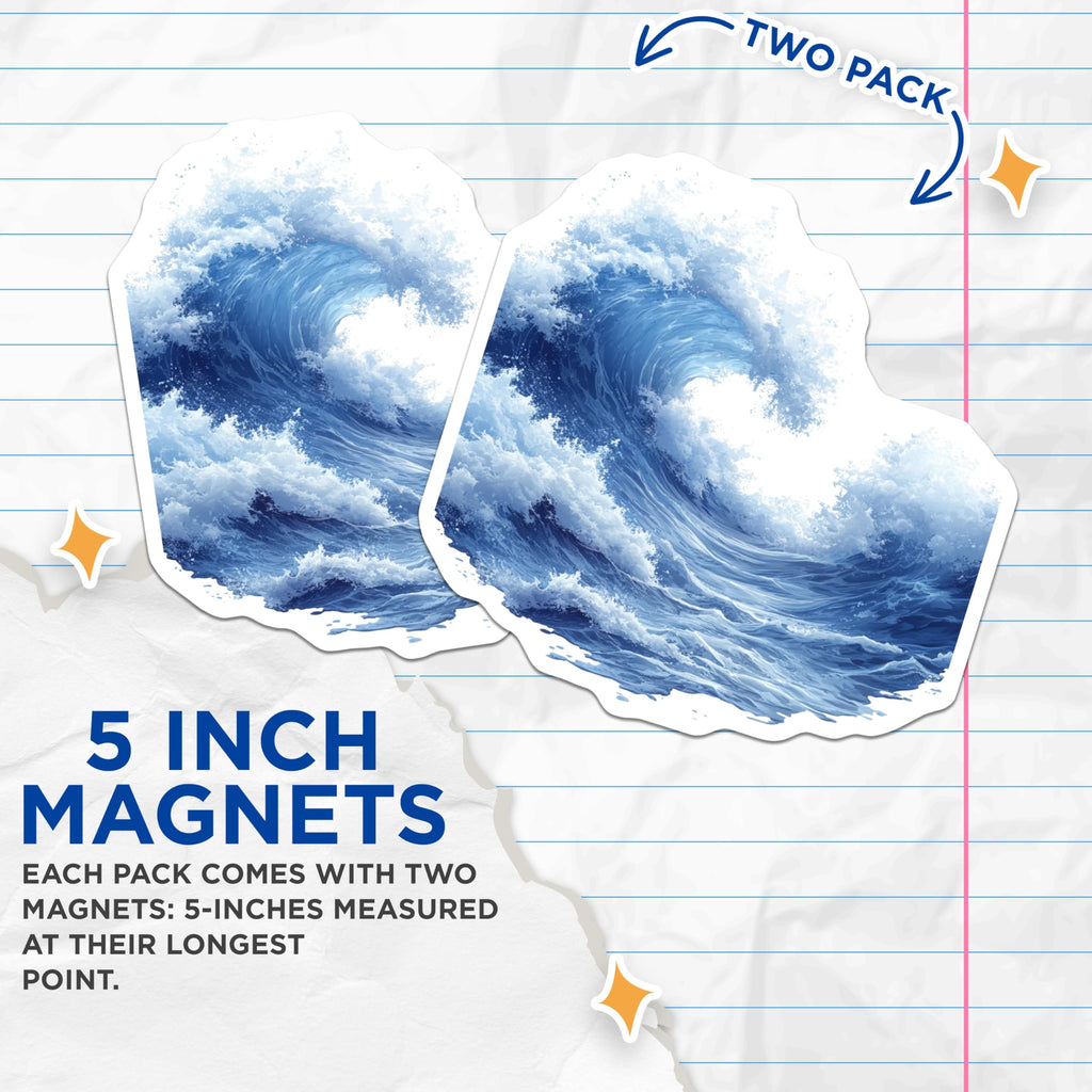 (2 Pack) Big Ocean Wave Magnets - Crashing Sea Water Decor - Nautical Coastal Kitchen Refrigerator Accents - 5 Inches On Longest Side - Thick Durable Magnet - Made in USA - MAG27282