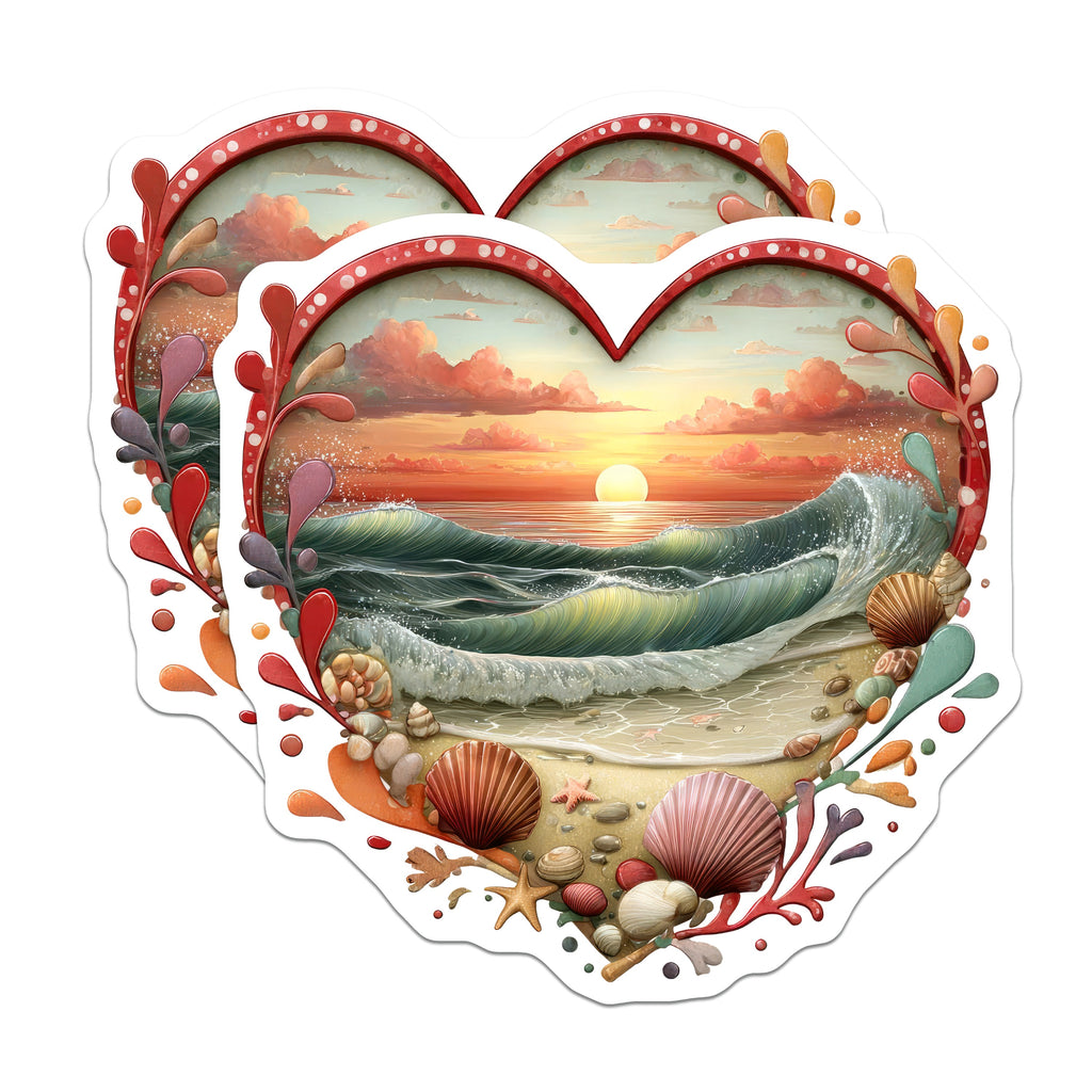 (2 Pack) Ocean Sunset Magnets - Beach Heart Decor - Summer Vibe Refrigerator Accent - Coastal Waves Fridge Art - 5 Inches On Longest Side - Thick Durable Magnet - Made in USA - MAG37851