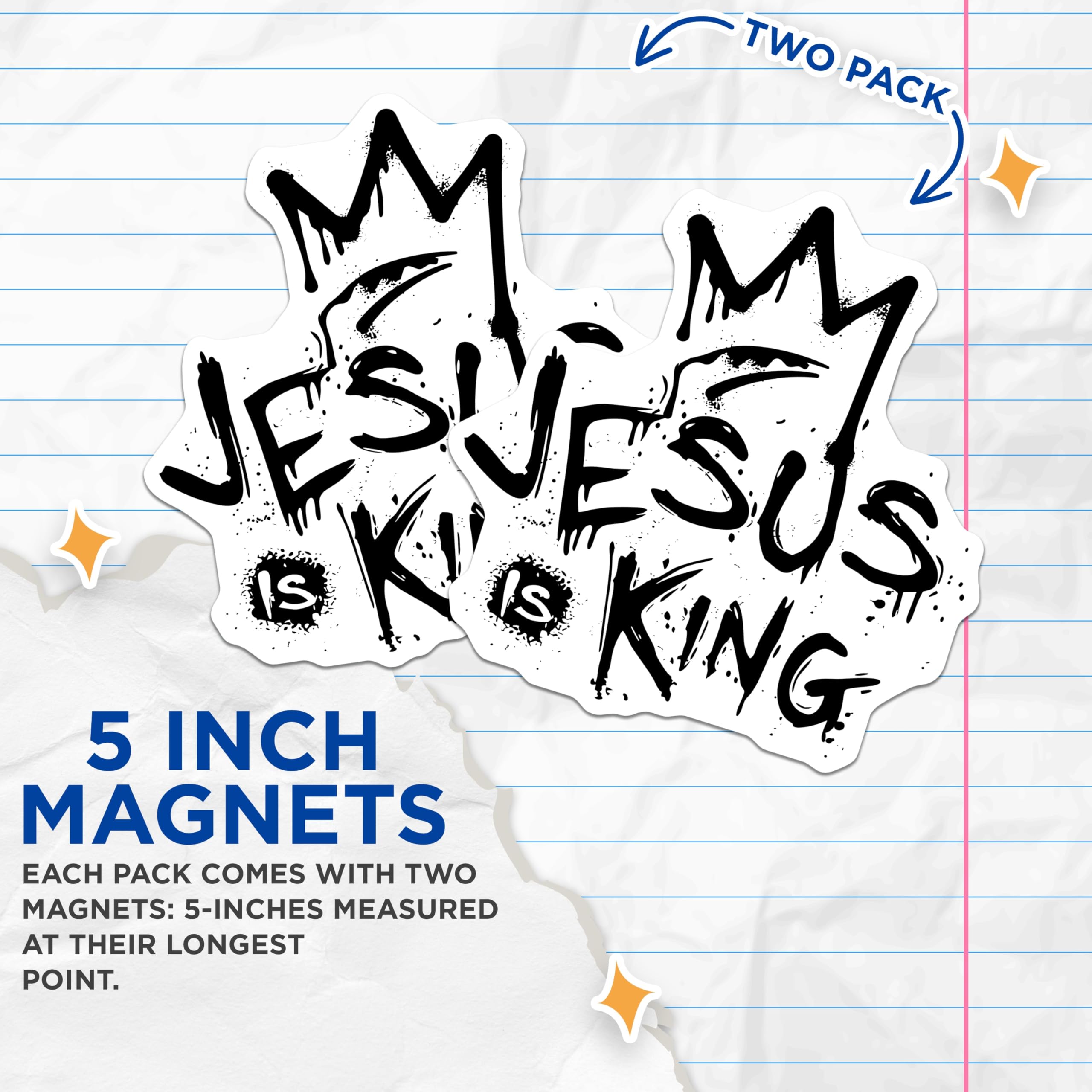 (2 Pack) Jesus is King Magnets - Christian Faith Statement - Religious Crown Decor - Urban Graffiti Art - 5 Inches On Longest Side - Thick Durable Magnet - Made in USA - MAG25651