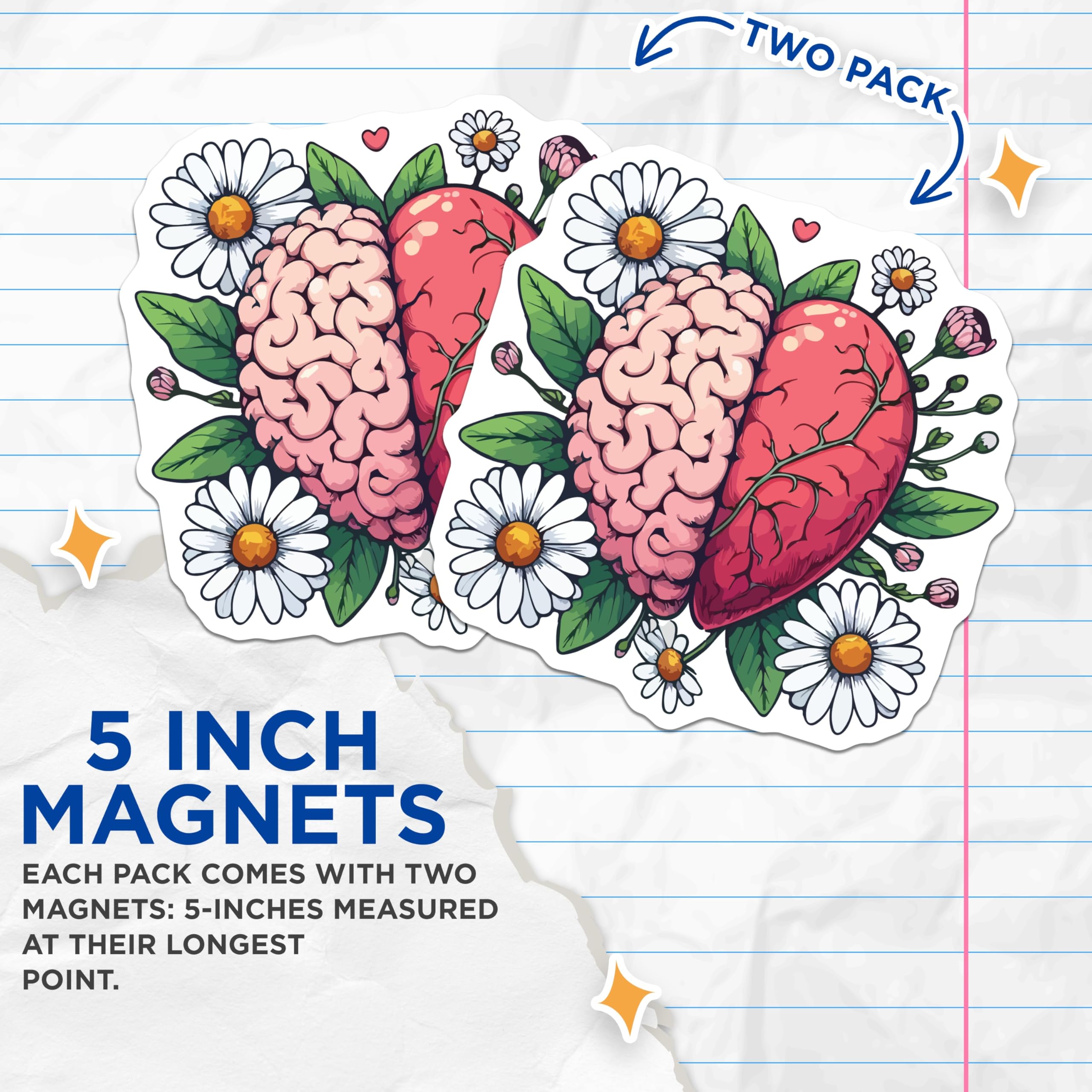 (2 Pack) Brain Heart Magnets - Floral Mind Connection Art - Psychology Wellness Decor - Thoughtful Balance Aesthetic - 5 Inches On Longest Side - Thick Durable Magnet - Made in USA - MAG19647