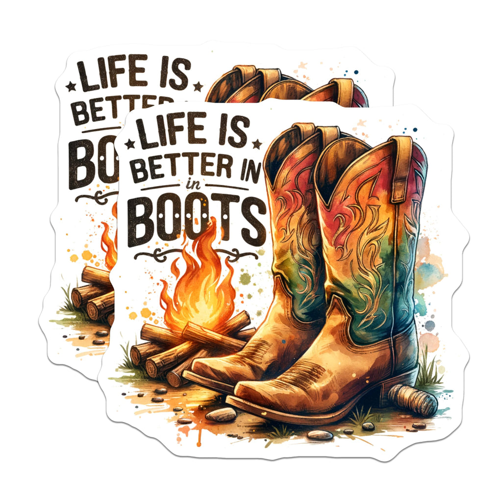 (2 Pack) Life is Better in Boots Stickers - Western Theme Decals - Cowboy Boot Art - 5" On Longest Side - Sticks to Smooth Flat Surfaces - Made in USA - BMCS7009