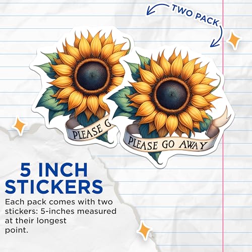 (2 Pack) Please Go Away Sunflower Stickers - Funny Quote - Indoor Outdoor Decor - 5" On Longest Side - Sticks to Smooth Flat Surfaces - Made in USA - BMCS7992