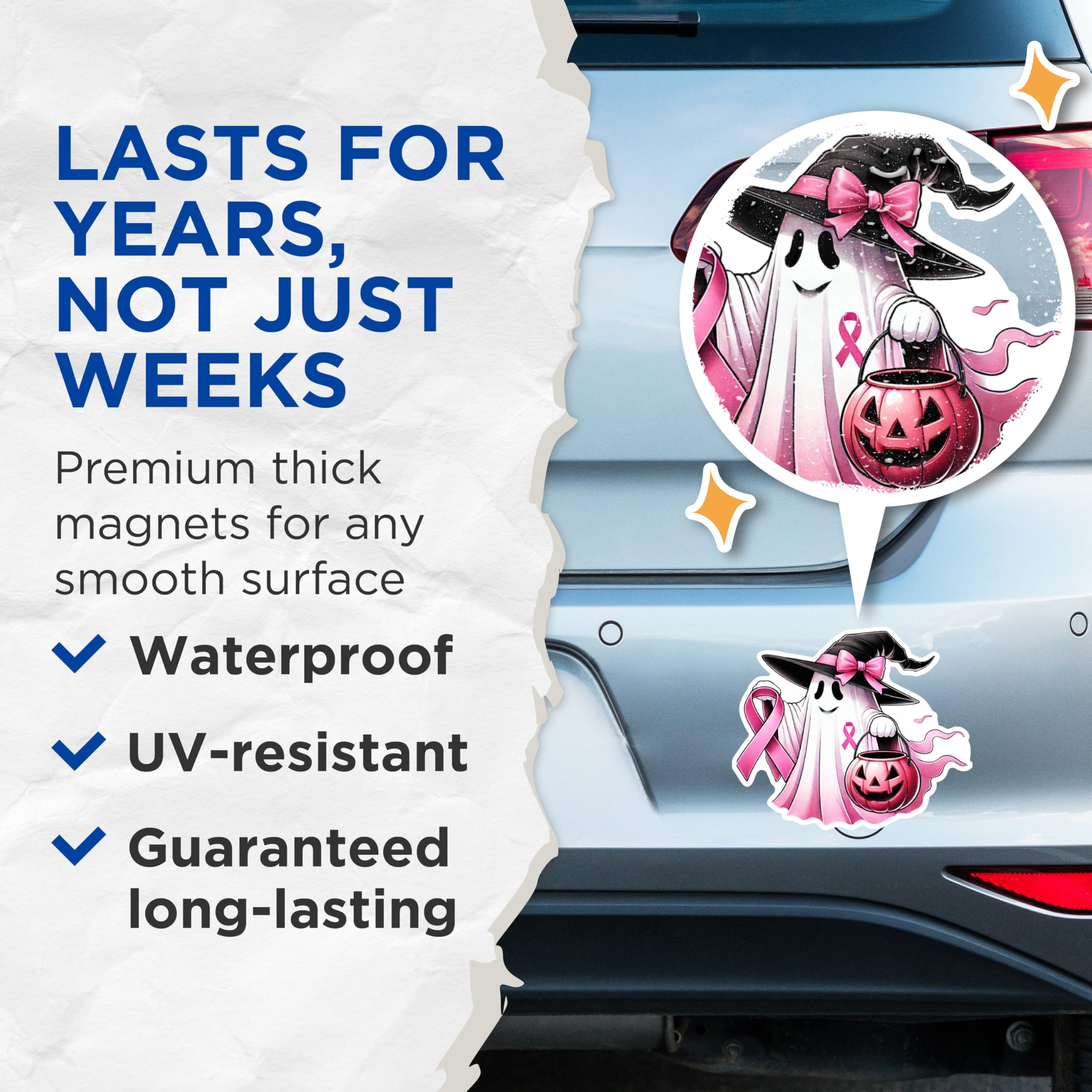 (2 Packs) Breast Cancer Awareness Pink Halloween Magnets - Ghost Wearing Pink Ribbon Magnets - 5" On Longest Side - Premium Magnet - for Fridges, Toolboxes, Cars - Made in USA - MAG2484