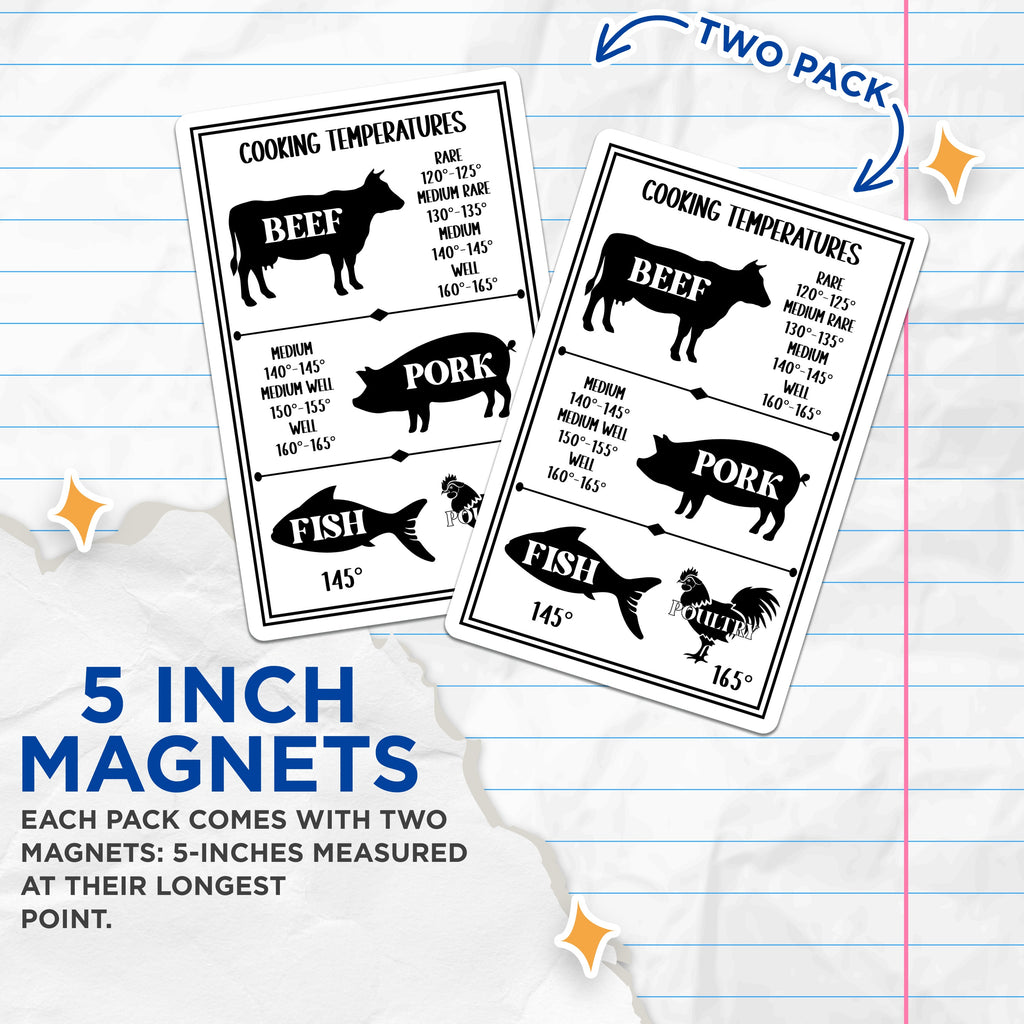 (2 Pack) Cooking Temperatures Guide Magnets - Meat Doneness Chart - Grill Master Home Cook Kitchen Aid - 5 Inches On Longest Side - Thick Durable Magnet - Made in USA - MAG38462