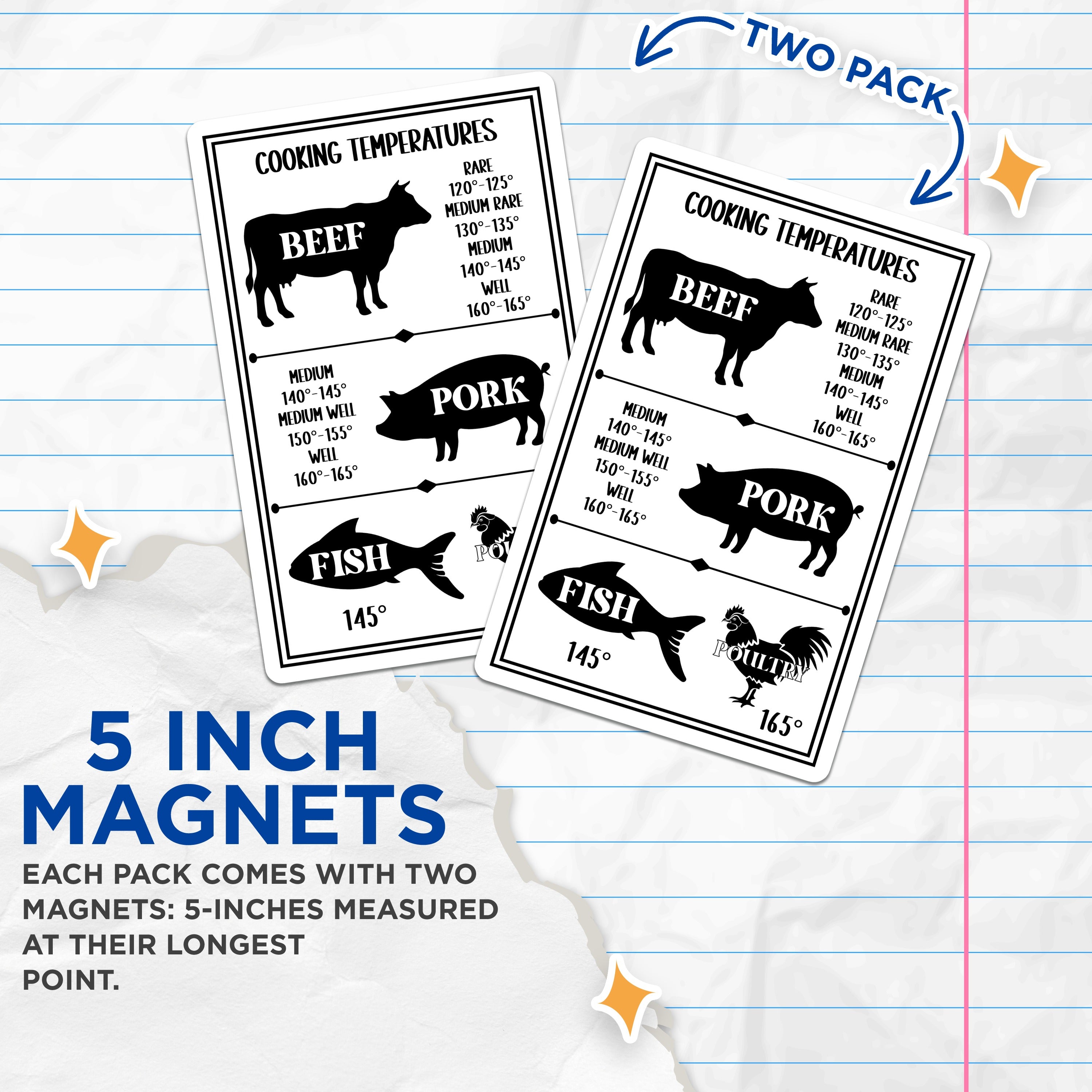 (2 Pack) Cooking Temperatures Guide Magnets - Meat Doneness Chart - Grill Master Home Cook Kitchen Aid - 5 Inches On Longest Side - Thick Durable Magnet - Made in USA - MAG38462