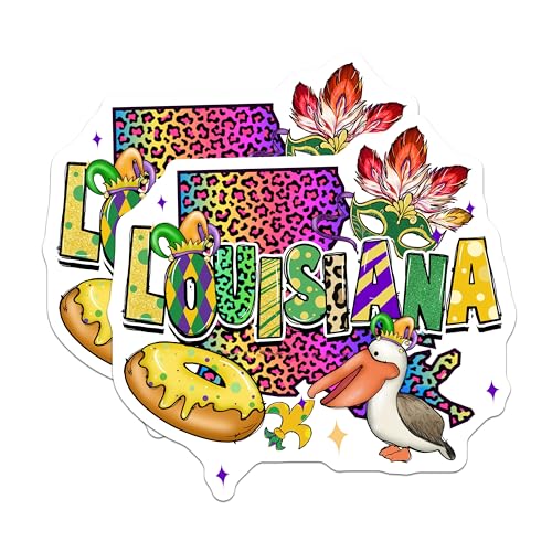 (2 Pack) Louisiana State Theme Magnets - Mardi Gras Celebration - Pelican New Orleans Art - 5" On Longest Side - for Cars, Fridges, Toolboxes - Made in USA - MAG3659
