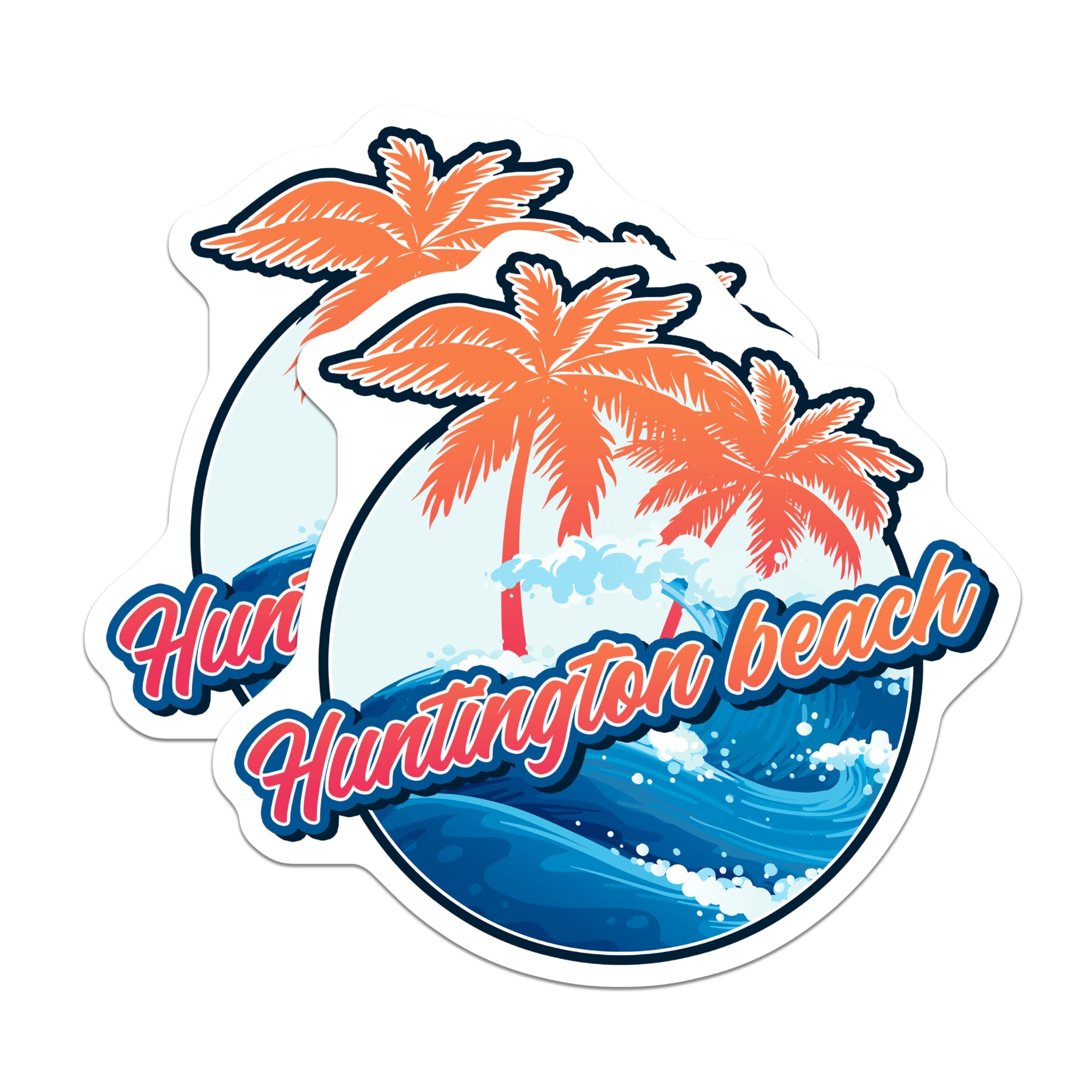 (2 Pack) Huntington Beach Magnets - Palm Tree Beach Scene - Ocean Wave California Art - 5 Inches On Longest Side - Thick Durable Magnet - Made in USA - MAG19385