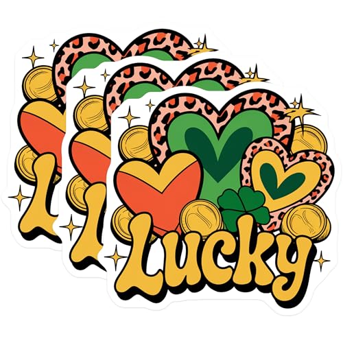 (3 Pack) Lucky Decals - St Patricks Day Decor - Clover and Hearts- 3 Inches On Longest Side - Easy Peel & Apply - Made in USA - 3MCS5152