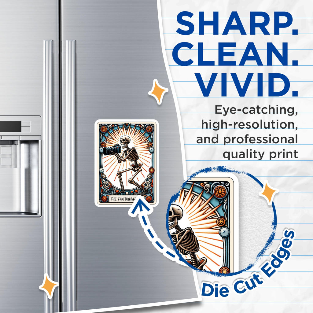 (2 Pack) Skeleton Photographer Magnets - Camera Art Decor - Tarot Card Style - 5 Inches On Longest Side - Thick Durable Magnet - Made in USA - MAG21449