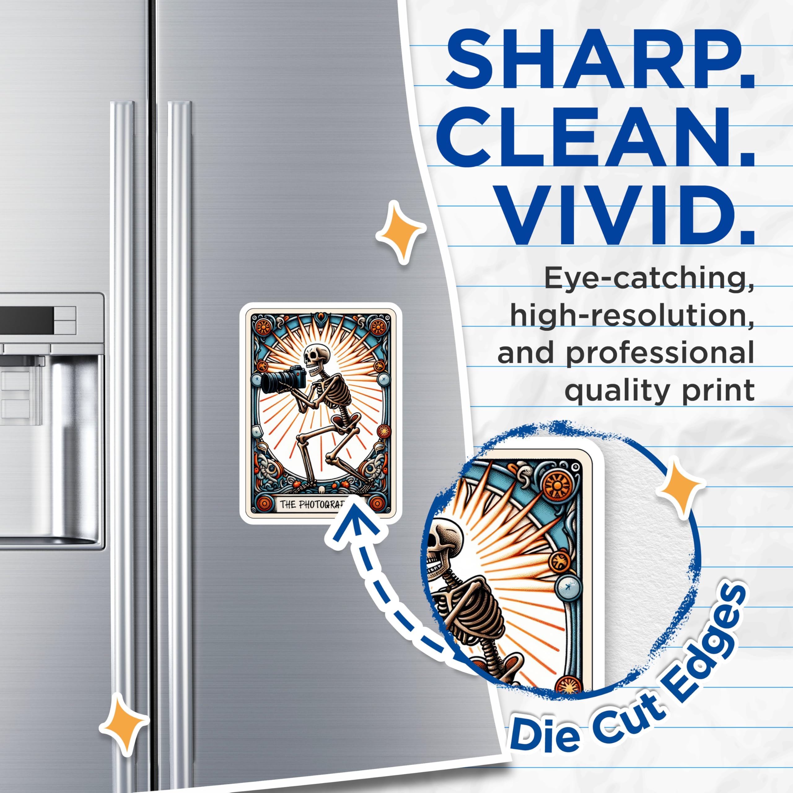 (2 Pack) Skeleton Photographer Magnets - Camera Art Decor - Tarot Card Style - 5 Inches On Longest Side - Thick Durable Magnet - Made in USA - MAG21449