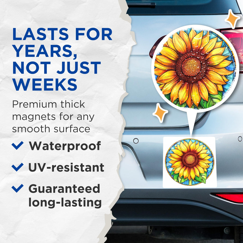 (2 Pack) Stained Glass Sunflower Magnets - Floral Botanical Design - Vibrant Nature Decor - 5 Inches On Longest Side - Thick Durable Magnet - Made in USA - MAG24442