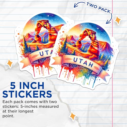 (2 Pack) Utah National Park Stickers - Arches National Park - Scenic Landscape Sticker Design - 5" On Longest Side - Sticks to Smooth Flat Surfaces - Made in USA - BMCS6931