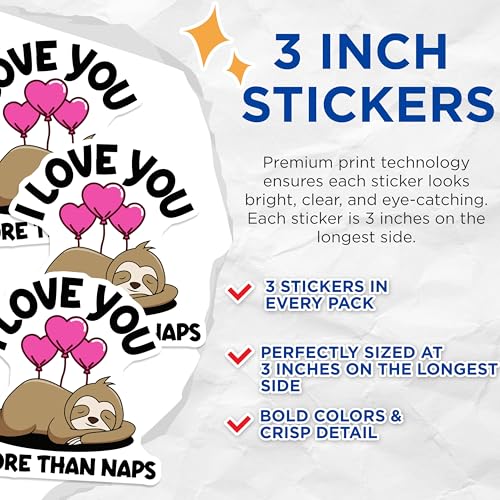(3 Pack) Sloth Love Naps Decals - Cute Animal Stickers - Laptop Decals - 3 Inches On Longest Side - Easy Peel & Apply - Made in USA - 3MCS4999