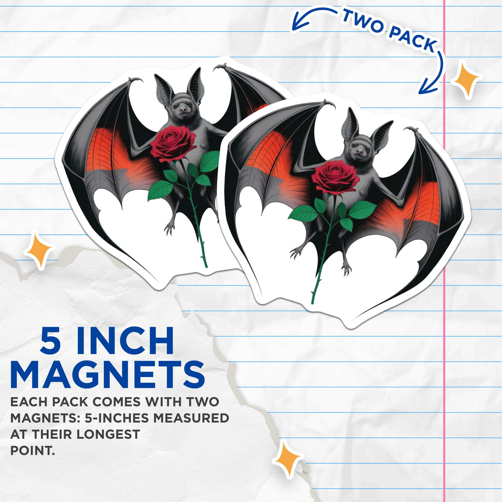 (2 Pack) Bat with Red Rose Magnets - Dark Romantic Fridge Decor - Spooky Animal Aesthetic - Unique Gothic Art - 5 Inches On Longest Side - Thick Durable Magnet - Made in USA - MAG37357
