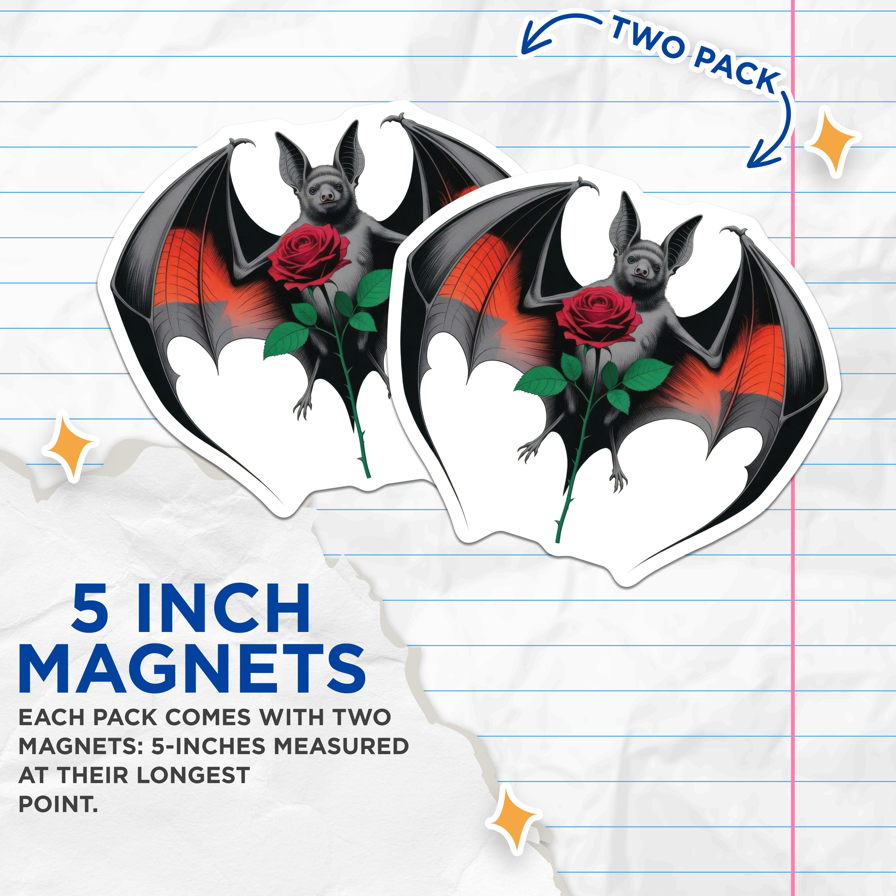 (2 Pack) Bat with Red Rose Magnets - Dark Romantic Fridge Decor - Spooky Animal Aesthetic - Unique Gothic Art - 5 Inches On Longest Side - Thick Durable Magnet - Made in USA - MAG37357
