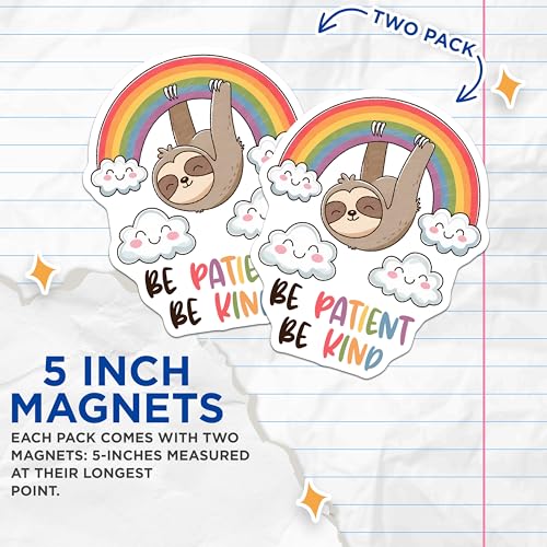 (2 Pack) Be Patient Be Kind Magnets - Sloth Rainbow Magnets - Motivational Cute Sloth Magnets - 5" On Longest Side - for Cars, Refrigerators, Toolboxes, Lockers - Made in USA BMCS3304