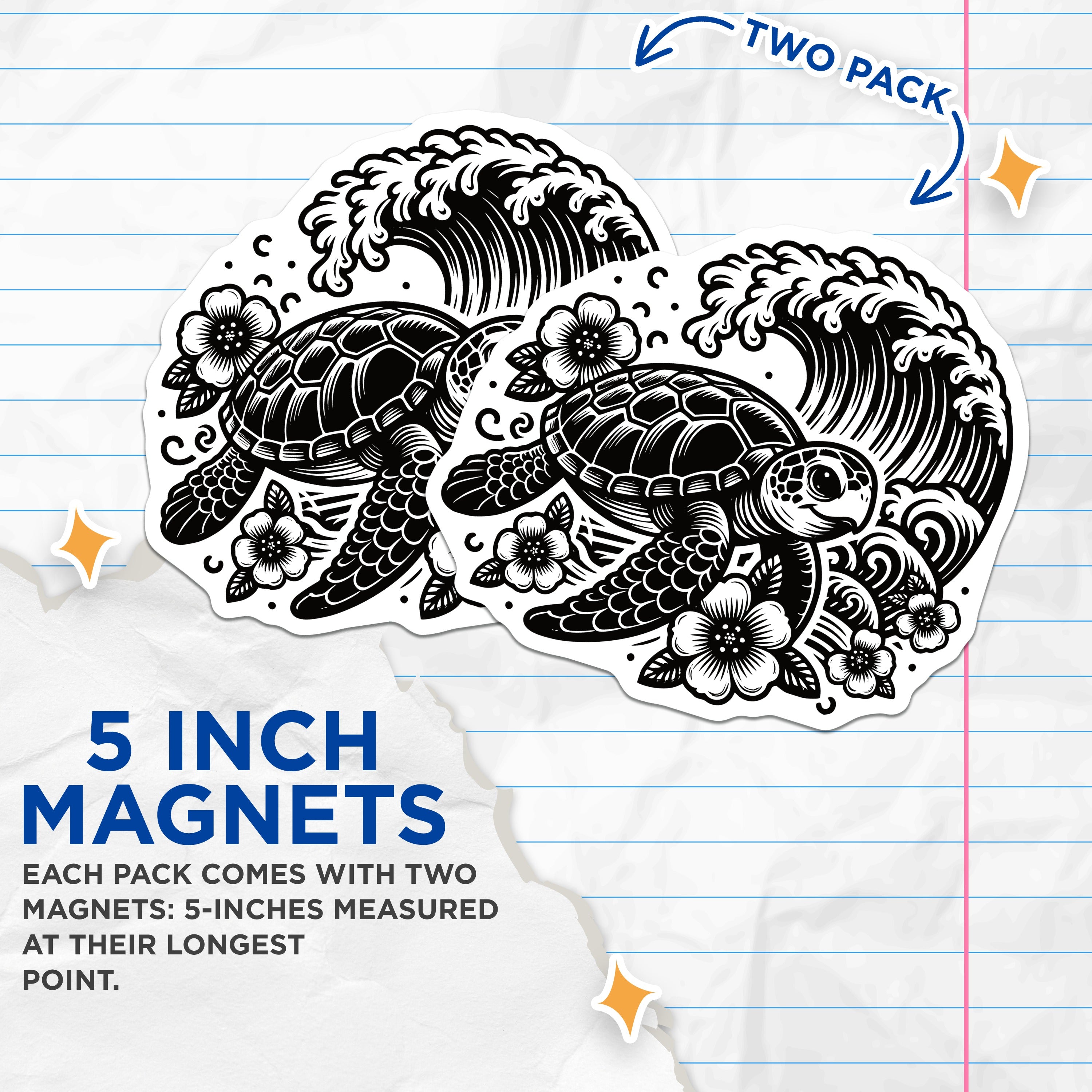 (2 Pack) Sea Turtle Ocean Wave Magnets - Hawaiian Coastal Decor - Tropical Fridge Locker Art - 5 Inches On Longest Side - Thick Durable Magnet - Made in USA - MAG36974