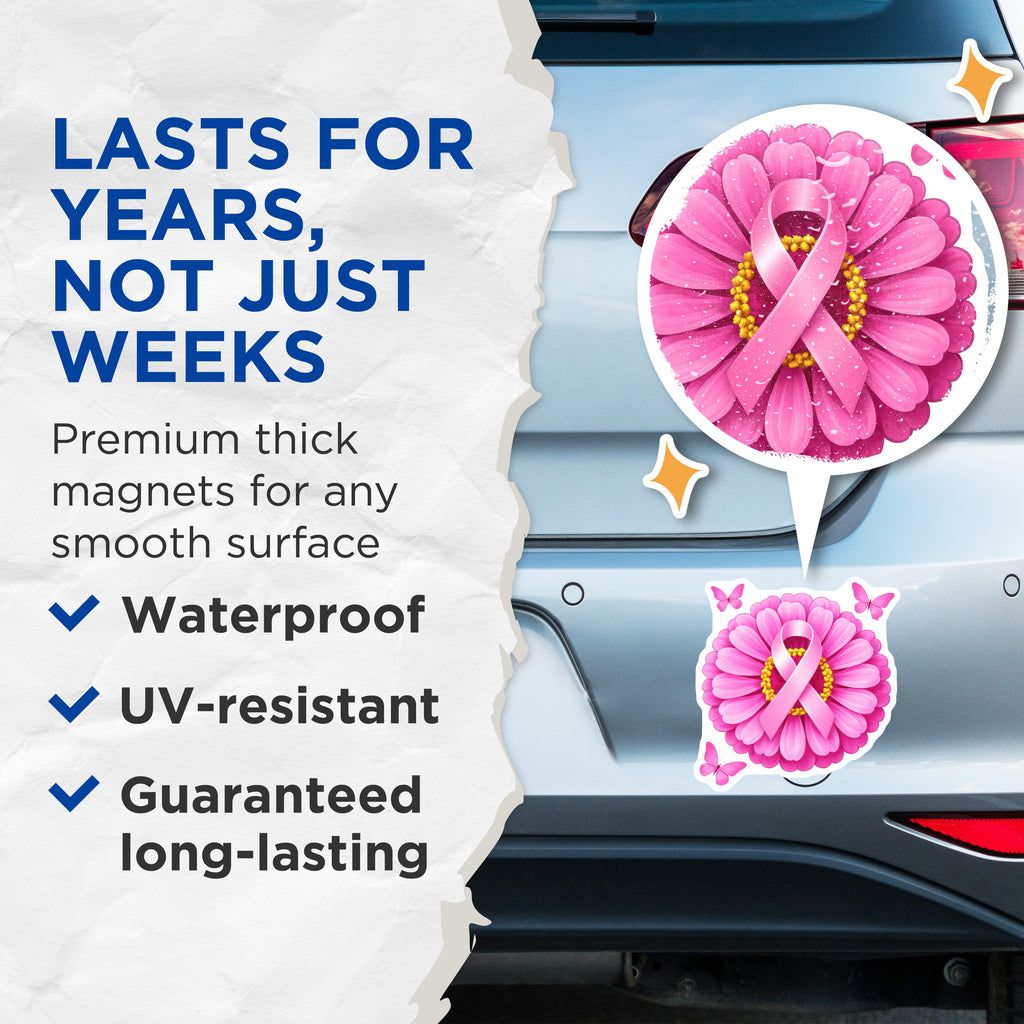 (2 Pack) Breast Cancer Awareness Magnets - Pink Ribbon Flower - Survivor Support Decor - 5 Inches On Longest Side - Thick Durable Magnet - Made in USA - MAG37990