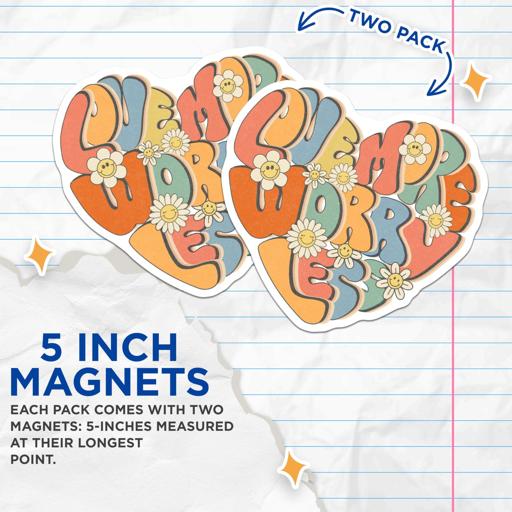 (2 Pack) Love More Worry Less Magnets - Retro Style Heart - Smiling Daisy Floral Magnets - 5" On Longest Side - Premium Magnet - for Cars, Refrigerators, Toolboxes, Lockers - Made in USA - MAG14419