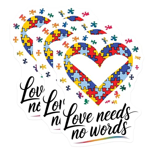 (3 Pack) Autism Awareness Decals - Puzzle Heart Decal - Love Needs No Words Decal - 3 Inches On Longest Side - Easy Peel & Apply - Made in USA - 3MCS0064