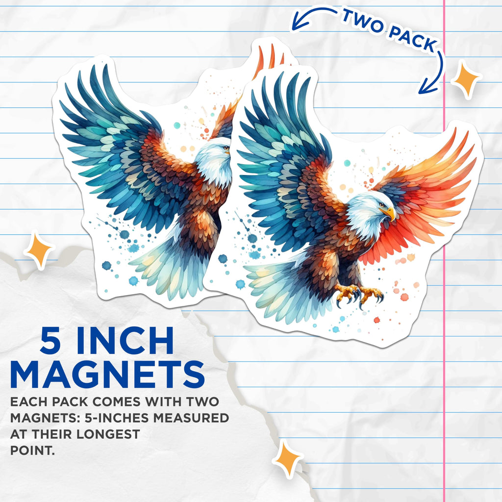 (2 Pack) Patriotic Eagle Magnets - American Bald Eagle Art - Watercolor Wildlife Decor - 5 Inches On Longest Side - Thick Durable Magnet - Made in USA - MAG21571