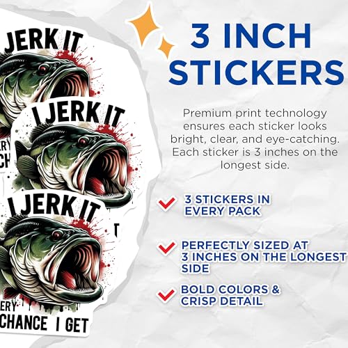 (3 Pack) Jerk It Bass Decals - Fishing Humor - Angler Decal - 3 Inches On Longest Side - Easy Peel & Apply - Made in USA - 3MCS7353