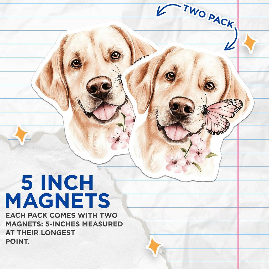 (2 Pack) Golden Retriever Magnets - Butterfly Dog Decor - Pet Lover Refrigerator Art - Spring Home Accents - 5 Inches On Longest Side - Thick Durable Magnet - Made in USA - MAG39501
