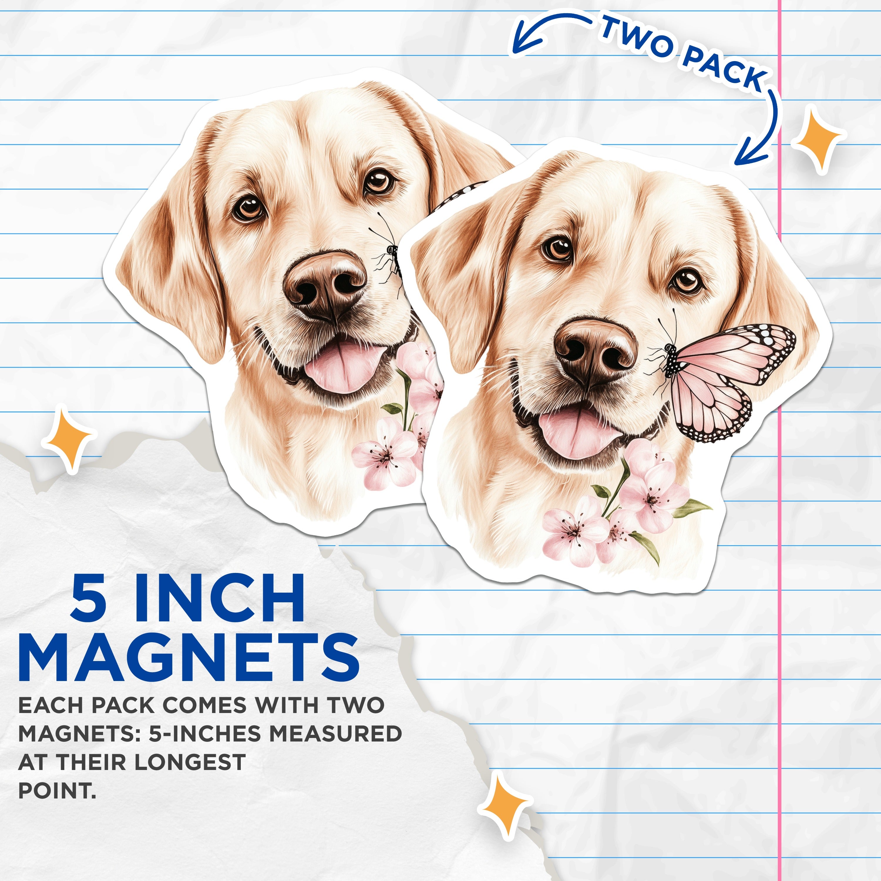 (2 Pack) Golden Retriever Magnets - Butterfly Dog Decor - Pet Lover Refrigerator Art - Spring Home Accents - 5 Inches On Longest Side - Thick Durable Magnet - Made in USA - MAG39501