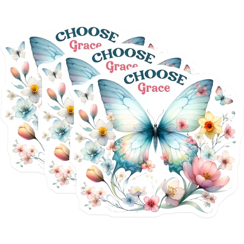 (3 Pack) Butterfly Decals - Choose Grace - Floral Laptop Decal - 3 Inches On Longest Side - Easy Peel & Apply - Made in USA - 3MCS0071