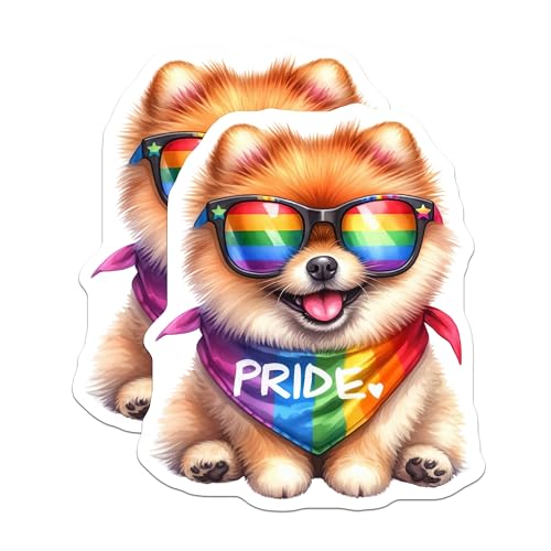 (2 Pack) Pride Dog Stickers - Cute Dog in Sunglasses - Rainbow Bandana Dog Stickers - Adorable Pet Stickers - 5" On Longest Side - Sticks to Smooth Flat Surfaces - Made in USA - BMCS6513