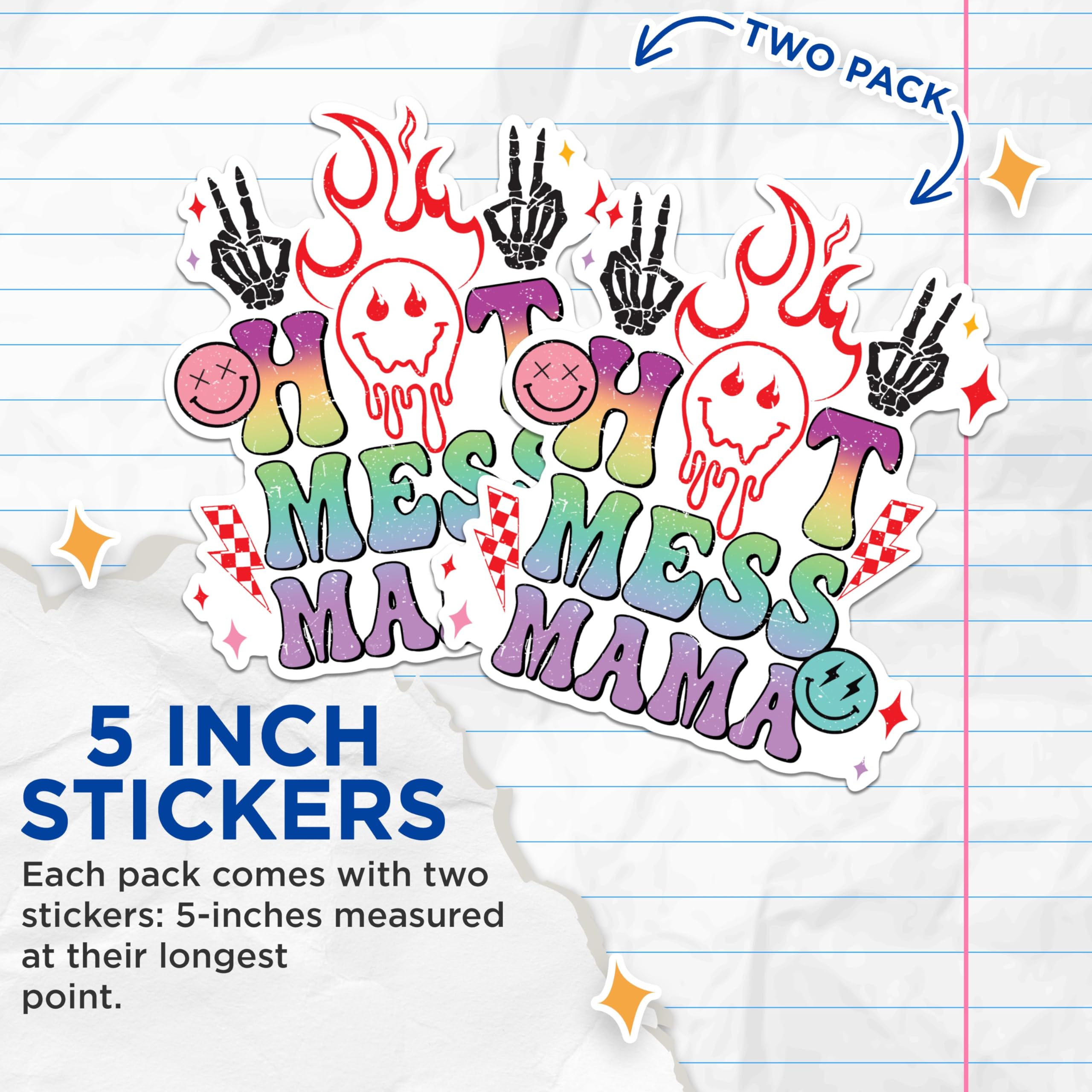 (2 Pack) Hot Mess Mama Stickers - Funny Mom Stickers - Colorful Mom Decals - 5" On Longest Side - Sticks to Any Smooth Flat Surface - Made in USA - BMCS2959