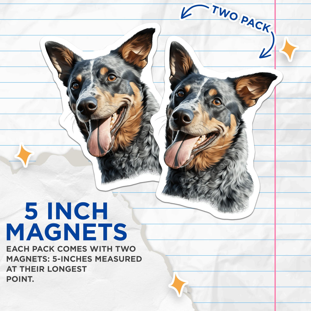 (2 Pack) Blue Heeler Magnets - Australian Cattle Dog Decor - Dog Mom Dad Present - 5 Inches On Longest Side - Thick Durable Magnet - Made in USA - MAG27247