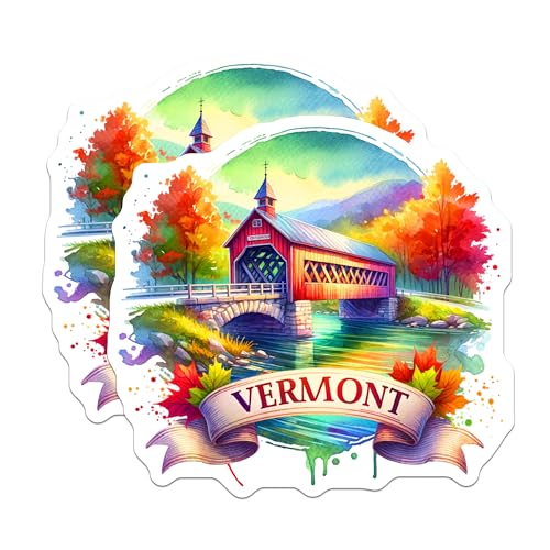 (2 Pack) Vermont Travel Stickers - Scenic Covered Bridge - State Souvenir - Watercolor Art - Autumn Leaves - 5" On Longest Side - Sticks to Smooth Flat Surfaces - Made in USA - BMCS7014