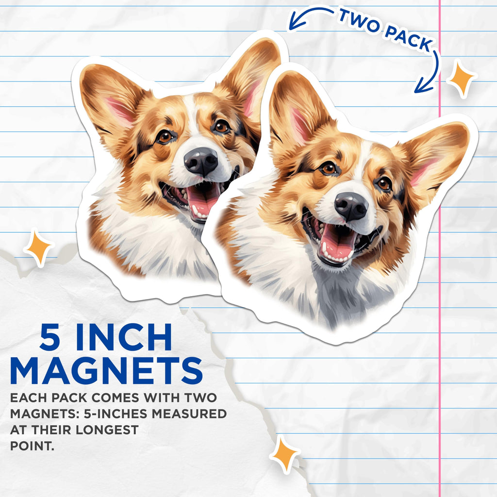 (2 Pack) Happy Corgi Magnets - Cute Dog Refrigerator Decor - Pet Lover Kitchen Item - 5 Inches On Longest Side - Thick Durable Magnet - Made in USA - MAG29100