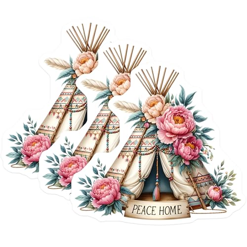 (3 Pack) Peace Home Decals - Floral Teepee Decal - Laptop Decals - 3 Inches On Longest Side - Easy Peel & Apply - Made in USA - 3MCS7624
