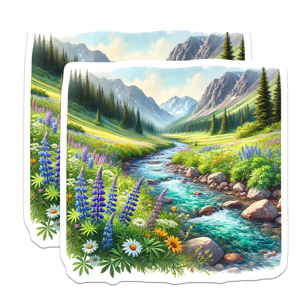 (2 Pack) Mountain River Magnets - Floral Meadow Art - Turquoise Water Landscape Magnet Set - 5" On Longest Side - Premium Magnet - for Cars, Refrigerators, Toolboxes, Lockers - Made in USA - MAG18353
