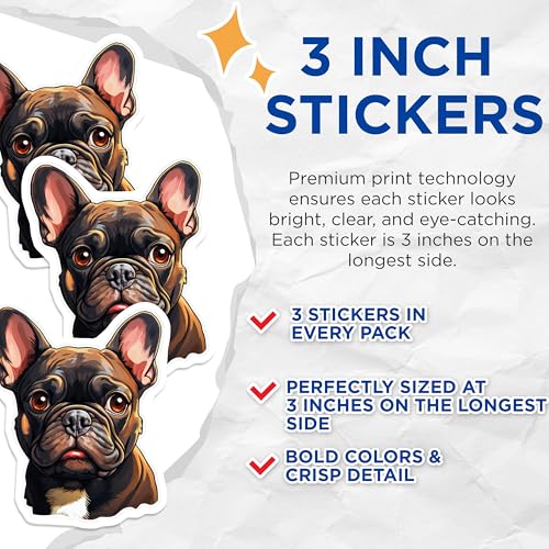 (3 Pack) French Bulldog Decals - Brindle Dog - Laptop Decal - 3 Inches On Longest Side - Easy Peel & Apply - Made in USA - 3MCS2722