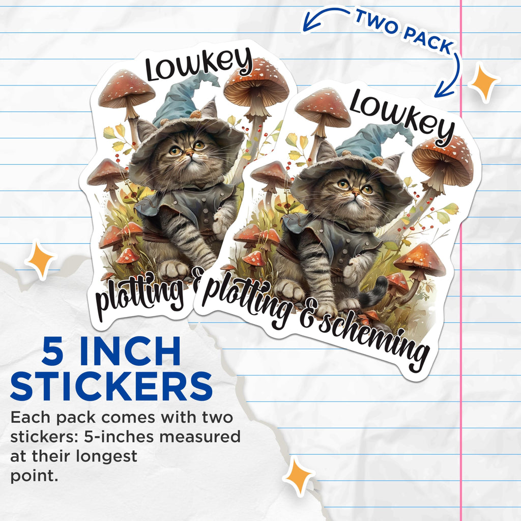 (2 Pack) Cute Cat Stickers - Witch Cat Stickers - Fantasy Cat Stickers Mushroom - 5" On Longest Side - Sticks to Smooth Flat Surfaces - Made in USA - BMCS4342