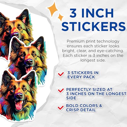 (3 Pack) German Shepherd Decals - Colorful Dog Stickers - Laptop Decal - 3 Inches On Longest Side - Easy Peel & Apply - Made in USA - 3MCS0648
