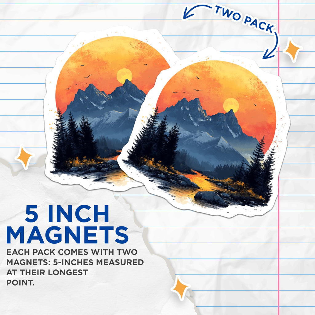 (2 Pack) Mountain Landscape Magnets - Vibrant Sunset River Scene - Forest Wilderness Nature Decor - 5 Inches On Longest Side - Thick Durable Magnet - Made in USA - MAG23460