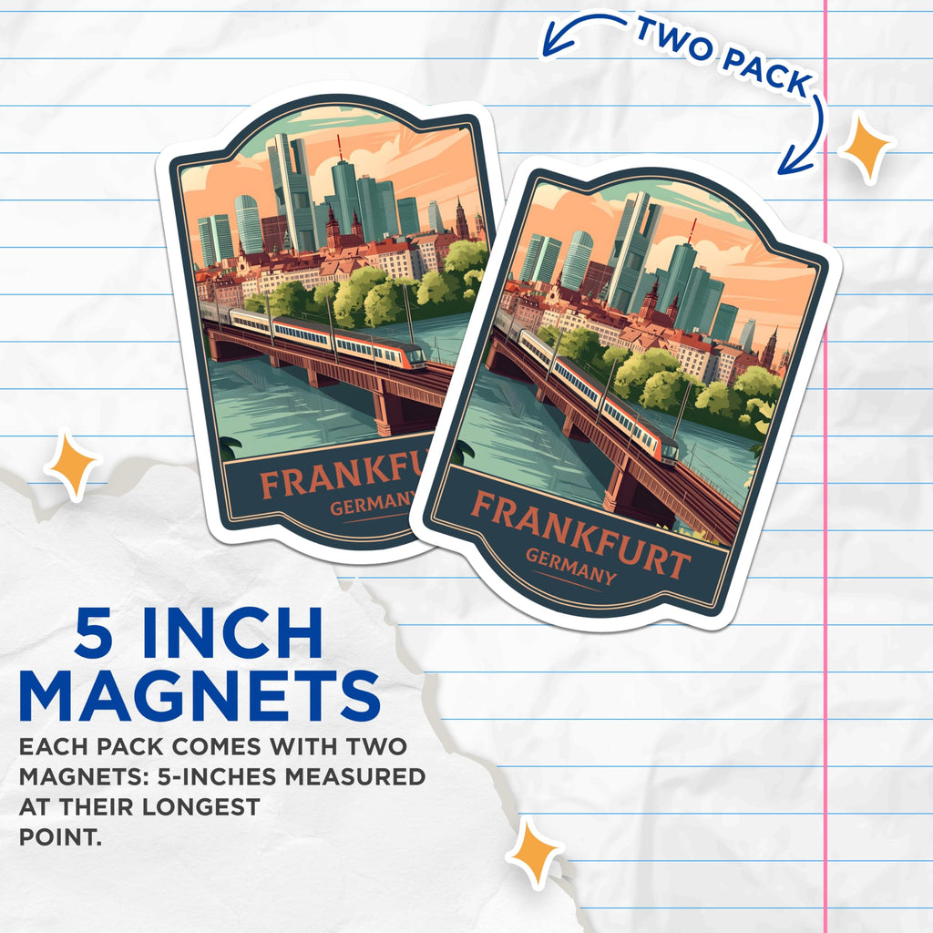 (2 Pack) Frankfurt Germany Travel Magnets - European City Landmark - Retro Skyline Souvenir Art - 5 Inches On Longest Side - Thick Durable Magnet - Made in USA - MAG22647