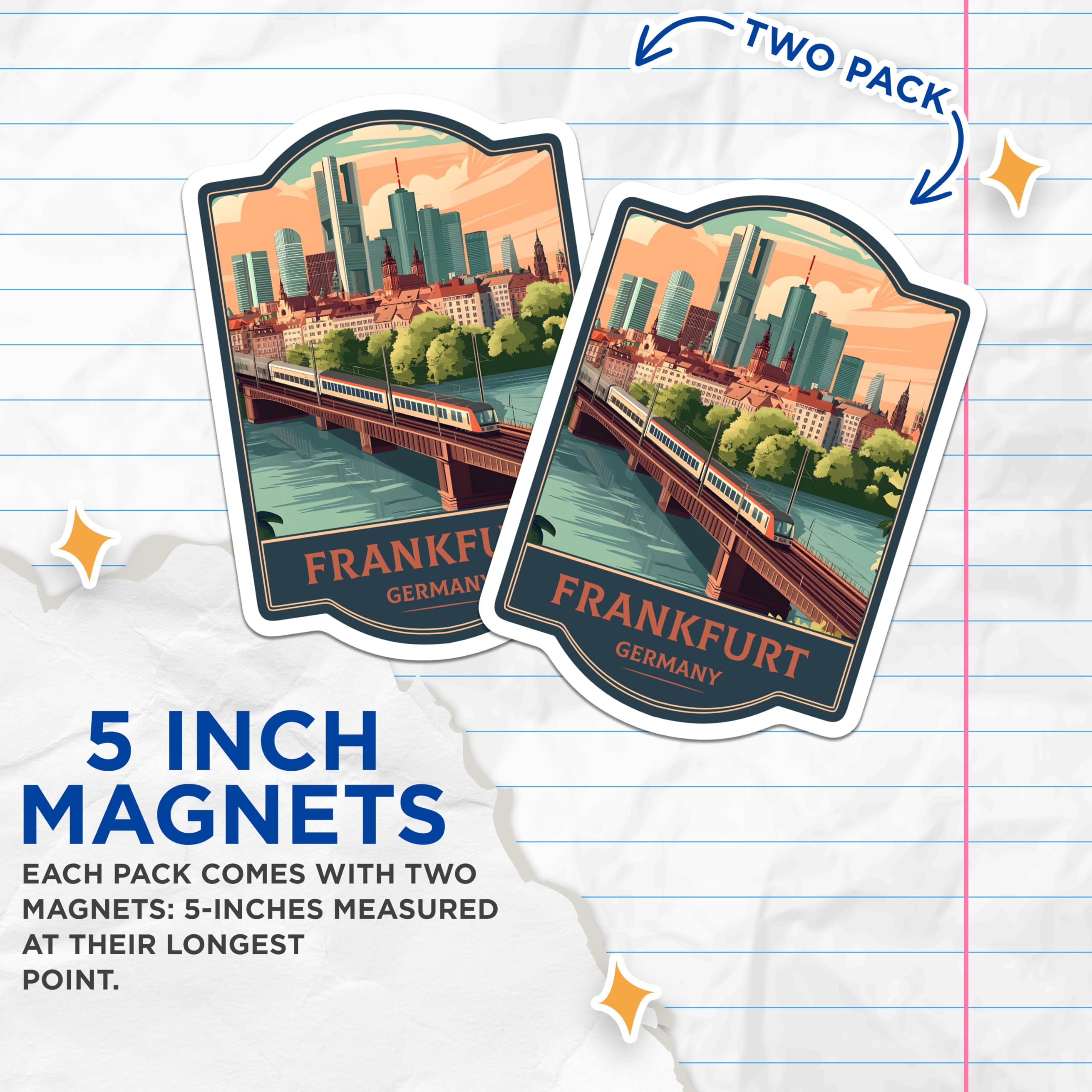 (2 Pack) Frankfurt Germany Travel Magnets - European City Landmark - Retro Skyline Souvenir Art - 5 Inches On Longest Side - Thick Durable Magnet - Made in USA - MAG22647