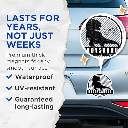 (2 Pack) Daddysaurus Magnets - Dinosaur Dad Magnets - Fun Roar Dad Magnets - Unique Dad Decor Magnets - 5" On Longest Side - for Cars, Refrigerators, Toolboxes, Lockers - Made in USA BMCS3414
