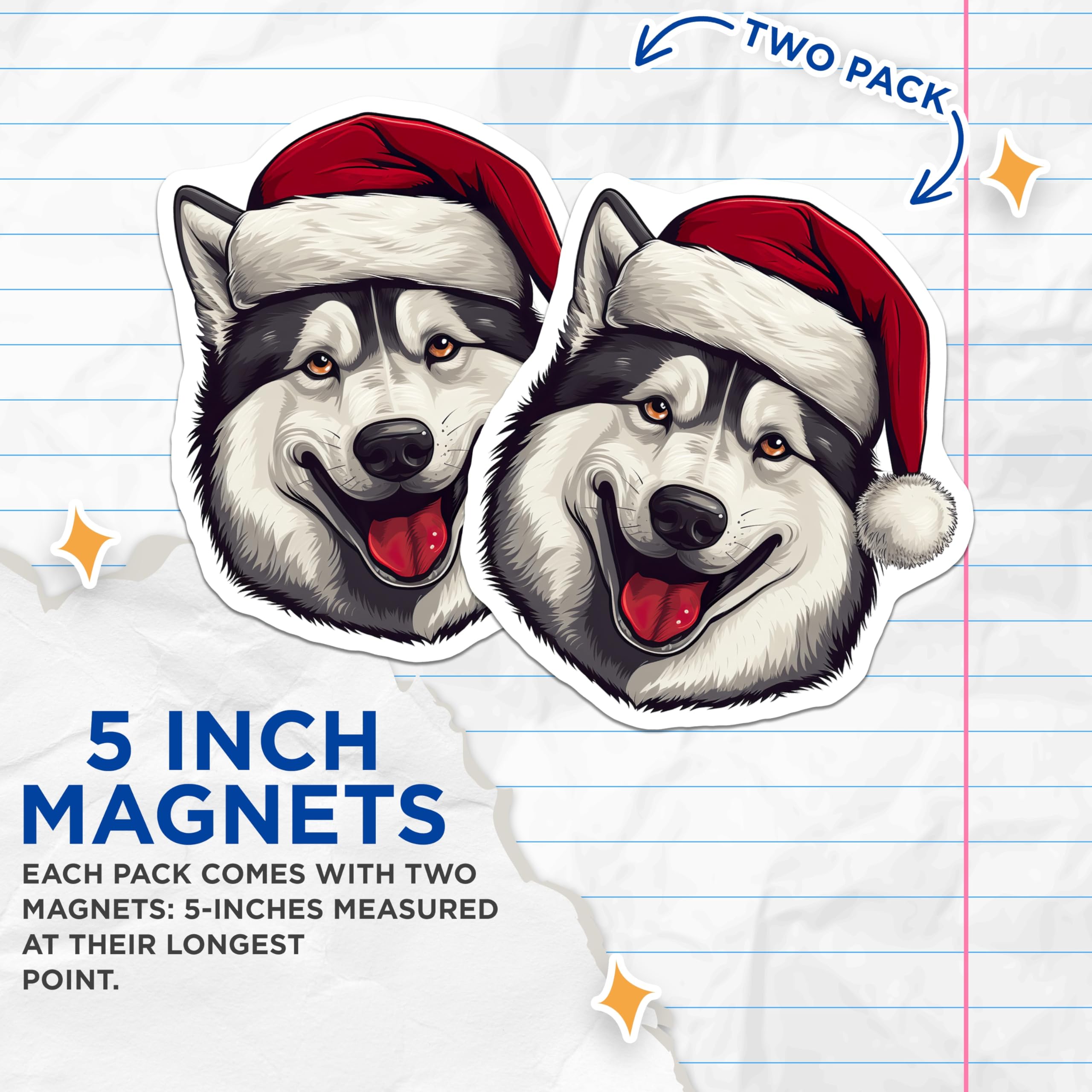 (2 Pack) Husky Christmas Magnets - Santa Dog Holiday Decor - Pet Lover Refrigerator Accessory - 5 Inches On Longest Side - Thick Durable Magnet - Made in USA - MAG26862