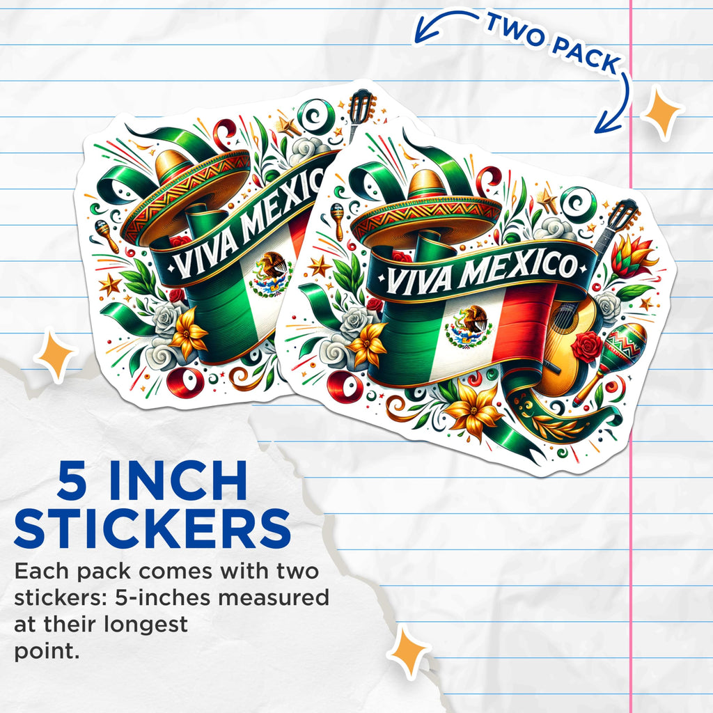 (2 Pack) Viva Mexico Stickers - Mexican Flag - Sombrero Guitar Maracas - 5" On Longest Side - Sticks to Smooth Flat Surfaces - Made in USA - BMCS6903