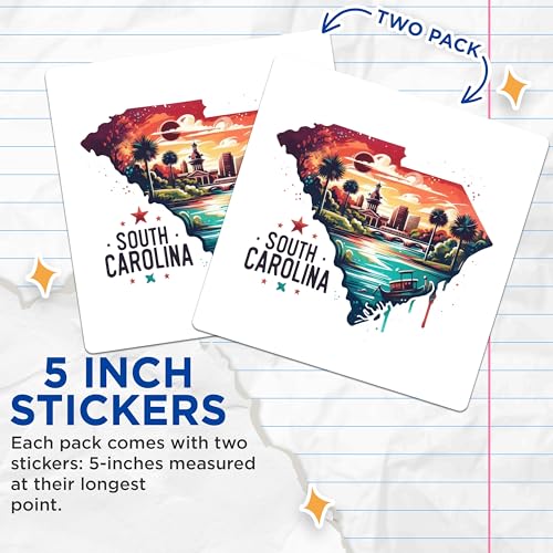 (2 Pack) South Carolina Stickers - Travel Souvenir Stickers - Vibrant State Landmarks Stickers - 5" On Longest Side - Sticks to Smooth Flat Surfaces - Made in USA - BMCS5317