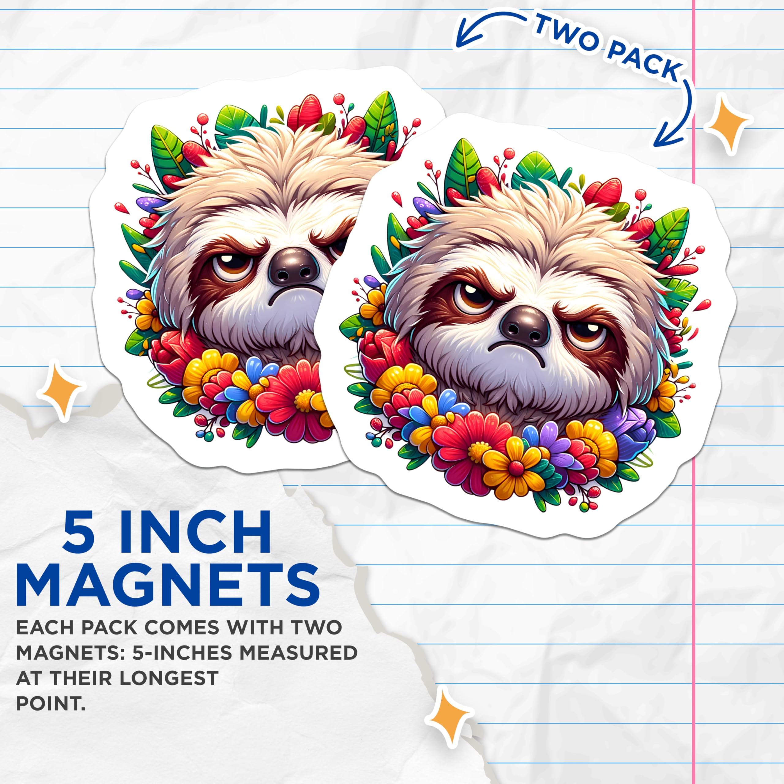 (2 Pack) Grumpy Sloth Magnets - Floral Animal Decor - Refrigerator Art Sloth Lover - 5 Inches On Longest Side - Thick Durable Magnet - Made in USA - MAG20836